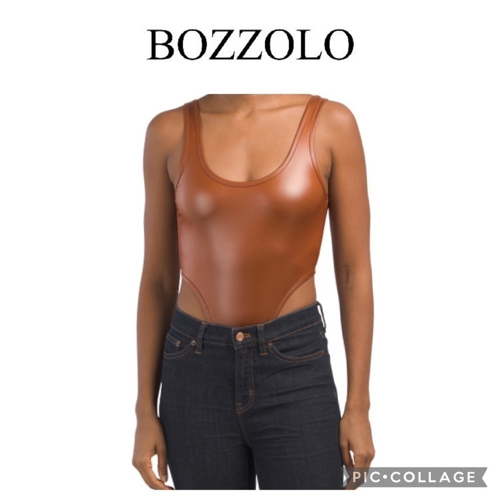 Bozzolo faux leather scoop high cut brown bodysuit size S NWT